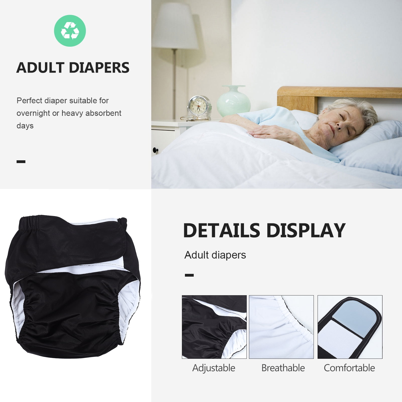 ETHZZLE Adult Postoperative Cloth Diaper Black Washable Leakproof Diaper with Sticky Strap