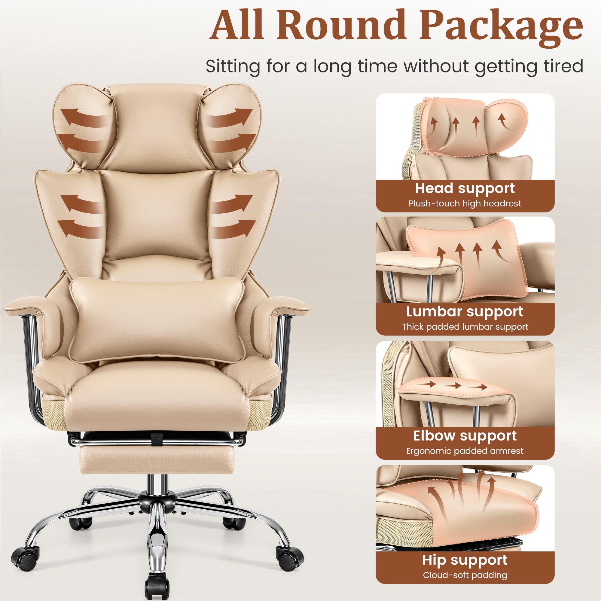 COOLHUT Big and Tall Office Chair 500LBS Wide Seat Ergonomic Computer Desk Chair, PU Leather Executive Office Chair with Footrest, Adjustable Task Chair Lumbar Back Support 8 Hour, Khaki