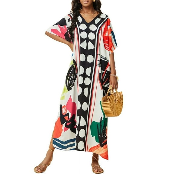 Bsubseach Caftan Swimsuit Cover Up for Women Side Slit Long Dresses Color Print Beach Coverups