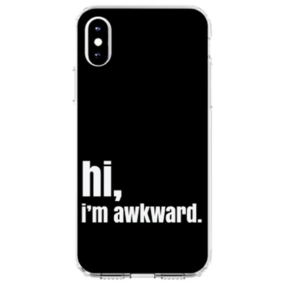 DistinctInk Clear Shockproof Hybrid Case for iPhone XR (6.1" Screen) - TPU Bumper, Acrylic Back, Tempered Glass Screen Protector - Black White "hi, I'm awkward."