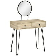 HOMCOM Vanity Table, Makeup Vanity Desk with Round Mirror, 2 Drawers, Modern Dressing Table for Bedroom, Oak