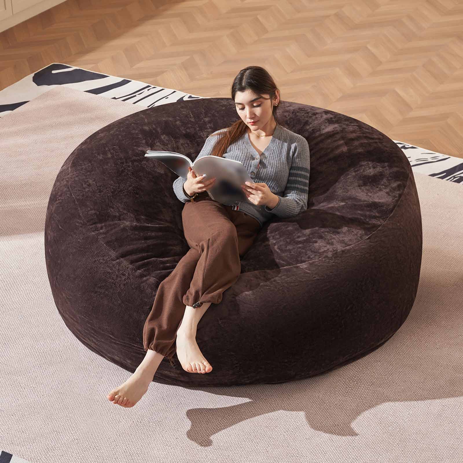 Bean Bag Chair 6FT,  Large Memory Foam Filled Chair for Adults and Teens, Soft Sofa with Removable Flannel Cover, Round Couch for Living Room Bedroom College Dorm
