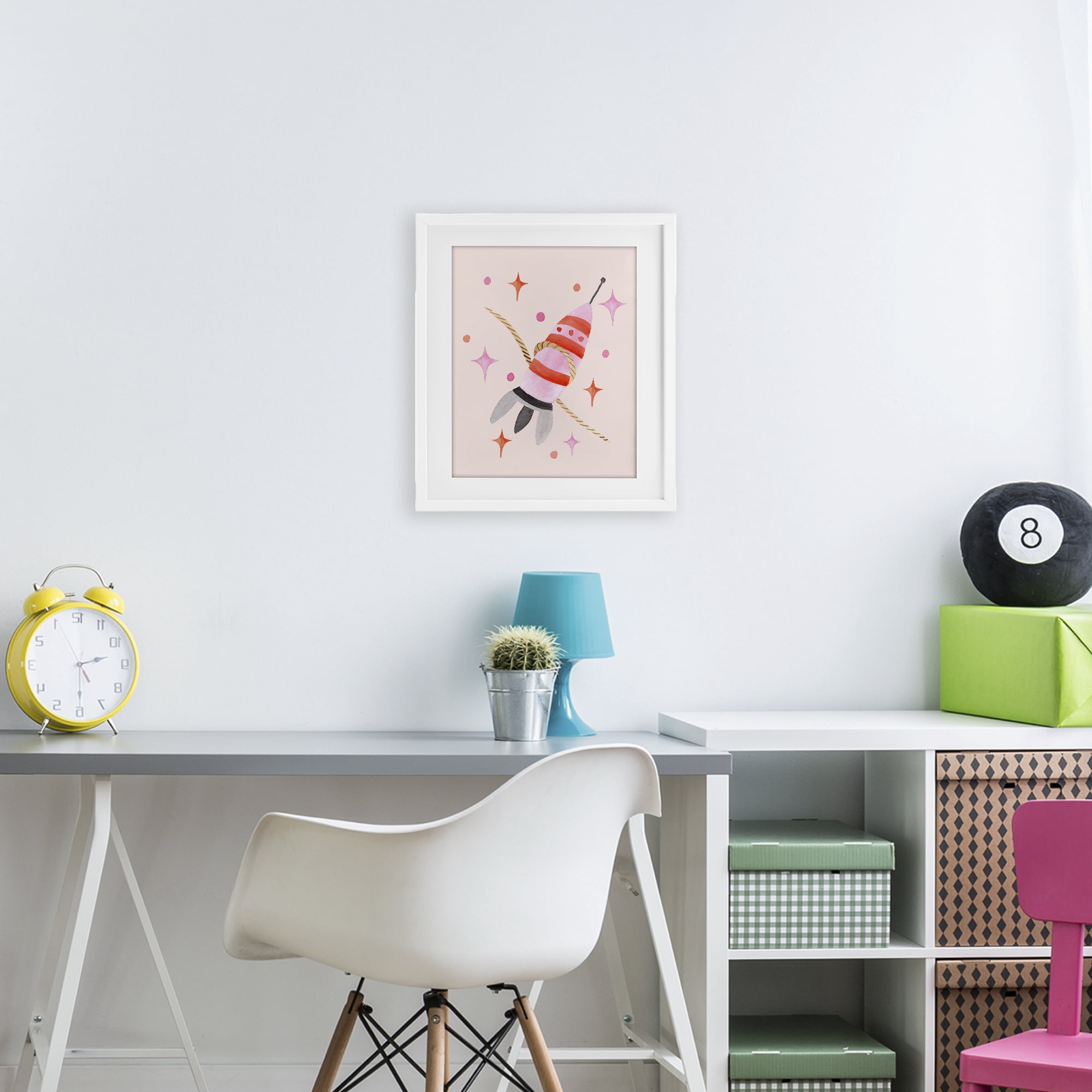 Spaceship with Lasso White Framed Print Under Glass, design by Nina Jacobs
