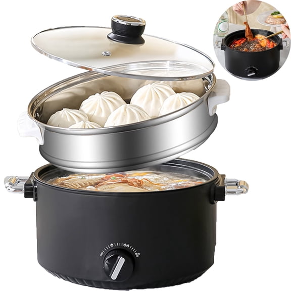 Zjyufy  3L Electric Hot Pot Cooking with Steamer, Mini Non-Stick Frying Pan, Portable Noodle Ramen Cooker Skillet, Stir-fried Stewed Cookware, Shabu Pot for Dorm Office Travel Kitchen Home