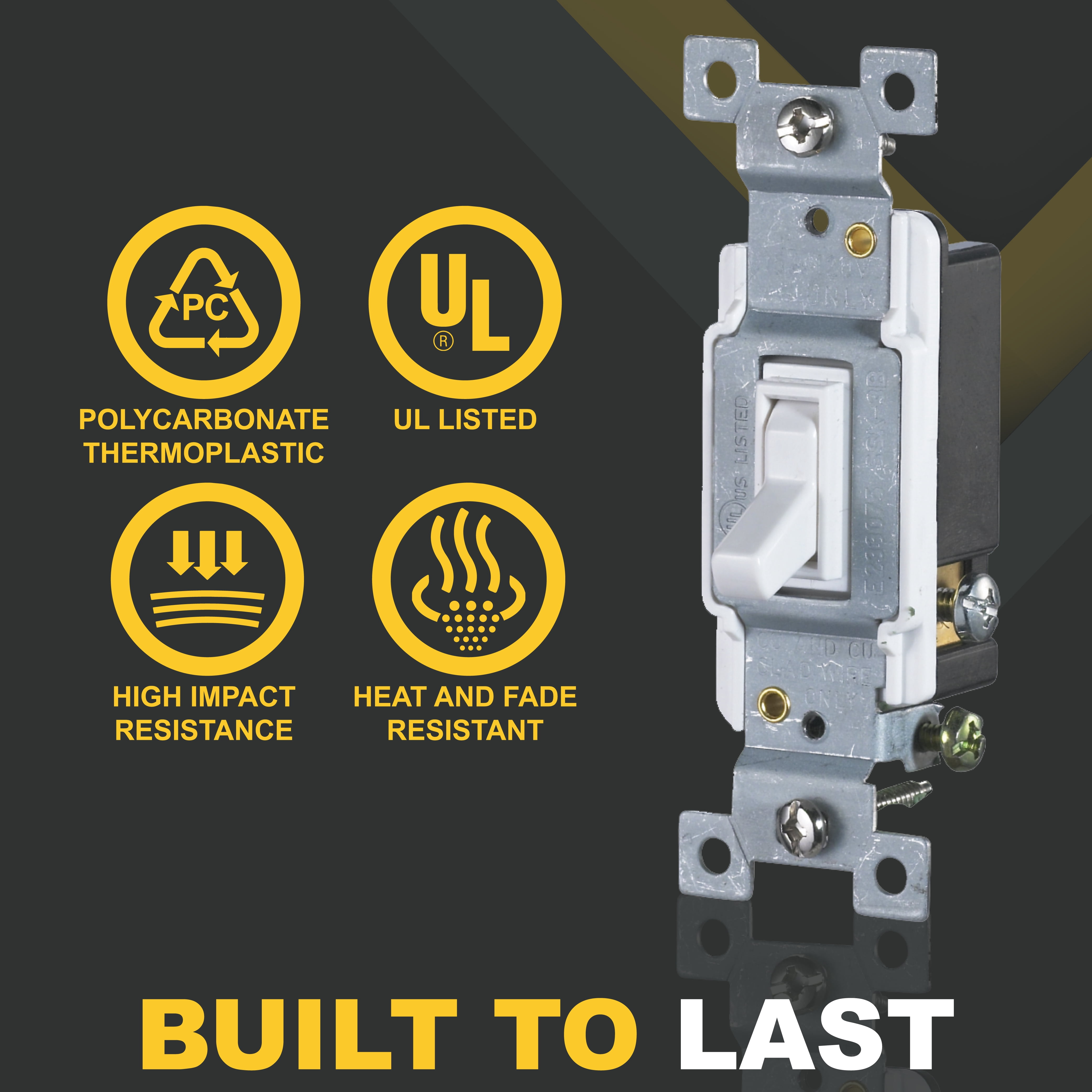 Faith 3 Way Toggle Switch White Residential Grade Standard Wall Electrical Switch, 15 Amp, Grounding Screw, 120V/277V, 10 Pack