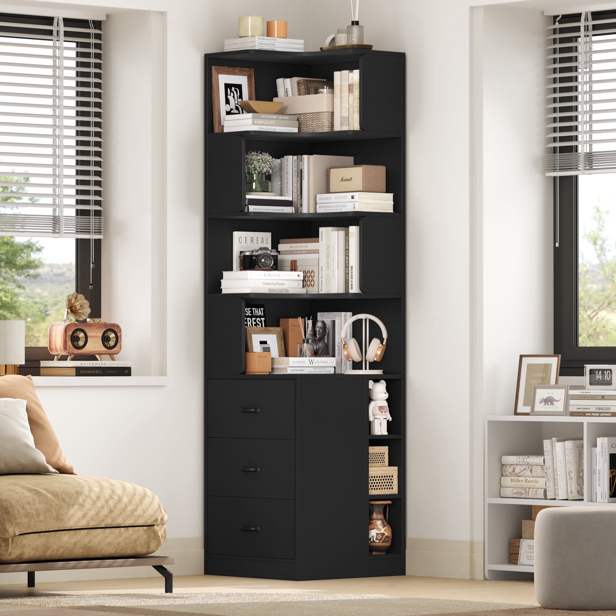 Hiphuta 77"Tall L-Shaped Corner Bookshelf with Drawers and Side Storage, Modern Wood Bookcase with 4-Tier Display Shelves Storage Cabinet for Living Room Home Office , Black
