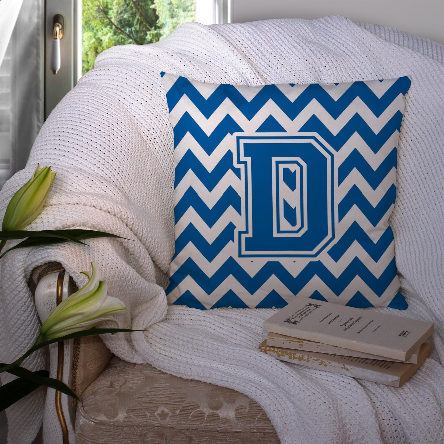 Letter D Chevron Blue and White Fabric Decorative Pillow