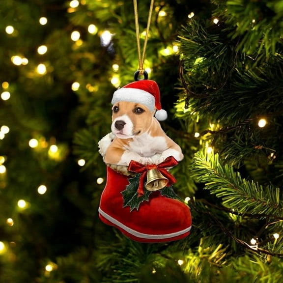 Acrylic 2D FLAT Pitbull In Santa Boot Christmas Hanging Ornament