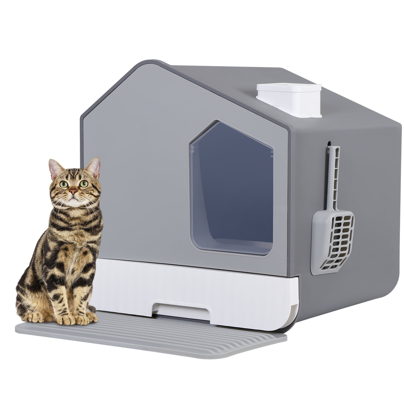 Enclosed Cat Litter Box with Litter Scoop and Slide-Out Tray Anti-Leakage Grey