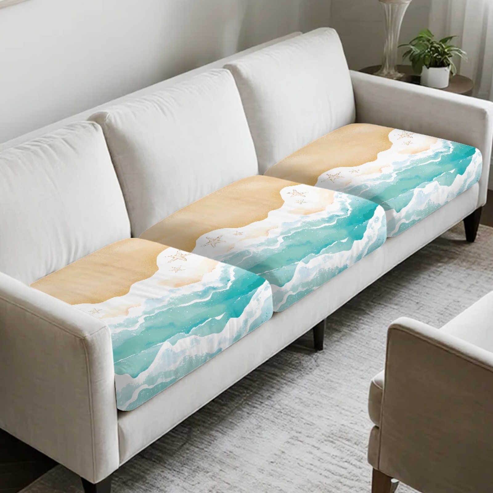 COEQINE 3 Pieces Sofa Slipcover Stretch Couch Cushion Protector Cover Individual Sofa Cover Replacement Furniture Protector for Living Room Home Decor, Beach Starfish