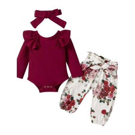 

Dragonus 3 Pcs Newborn Infant Baby Girl Clothes Stuff Floral Baby Clothing Ruffle Romper+Pant Cute Toddler Outfit Set