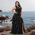 thumbnail image 3 of Plus Size Maxi Formal Dresses for Women Sleeveless Tiered Sequin Dresses Embroidery and High-Slit Semi Sheer One-Shoulder Wedding Guest Dresses for Women A-Line Evening Gown for Party Prom Black, 3 of 6