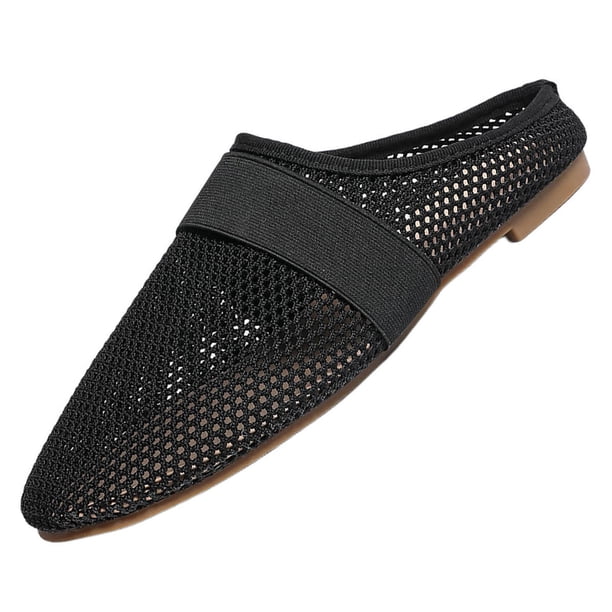 Mujeres Zapatillas de Verano de Moda Casual Transpirable Malla de Punto Cabeza Redonda Cerrada-Dedo Del Pie Deslizamiento en Mulas con Correa Elástica Tela de Malla Negra
