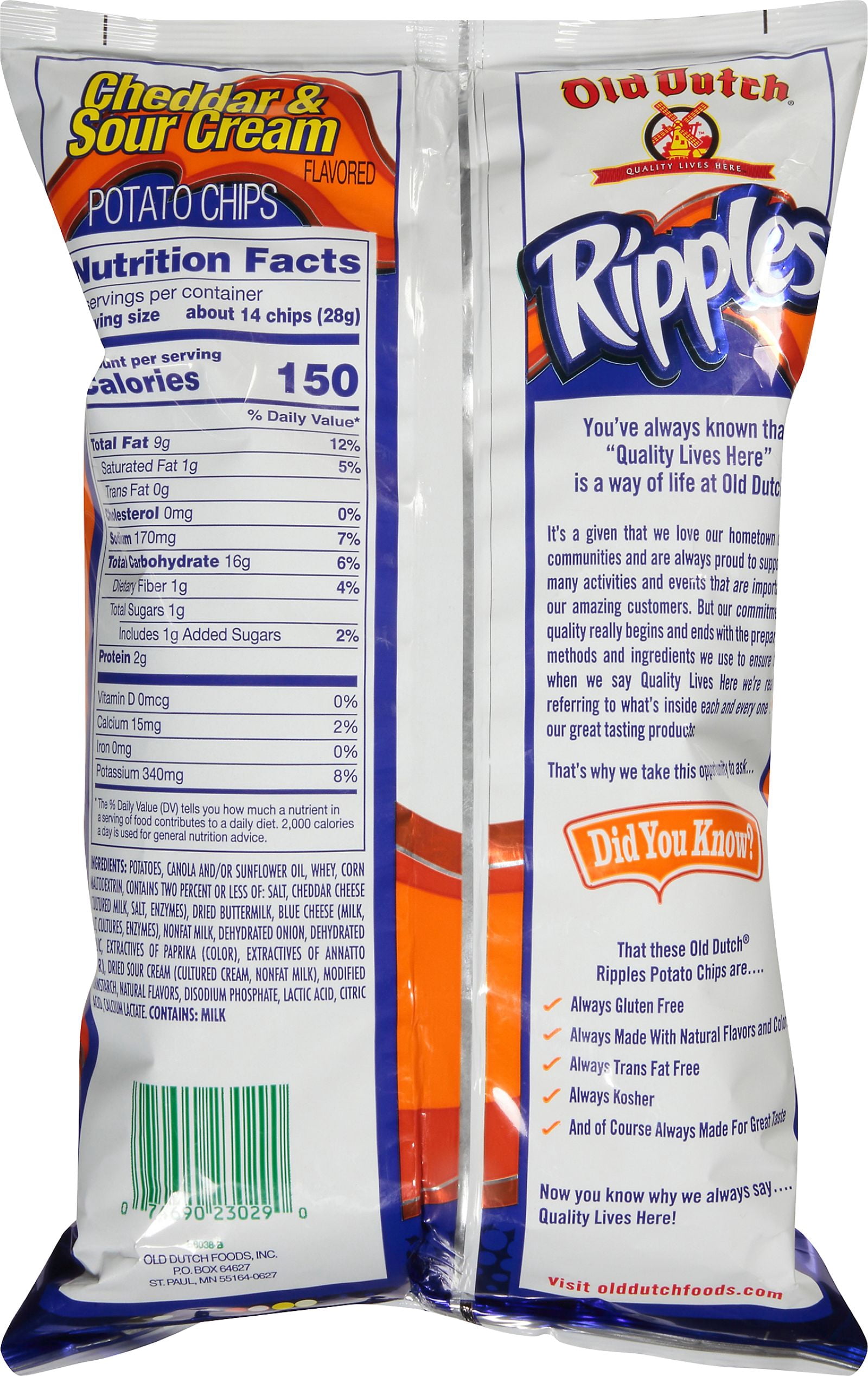 Old Dutch Ripples Cheddar & Sour Cream Potato Chips, 8 oz, Bag