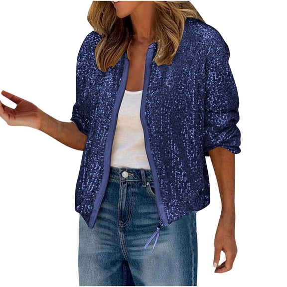 QSAWXQZ Women's Carnival Sequin Jacket Long Sleeve Zip Up Cardigan Outerwear for Party Dark Blue XL