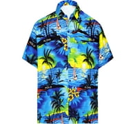 Men's Beach button down Hawaiian Men's Front Pocket Aloha Hawaiian Tropical ShirtBlue_W31
