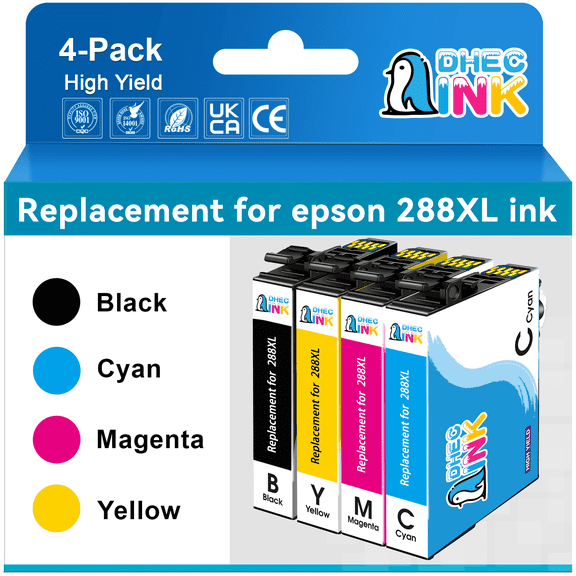 DHECINK 288 Ink Compatible for Epson Ink 288 for Epson 288XL Ink Cartridges Combo Pack (Black Cyan Magenta Yellow)
