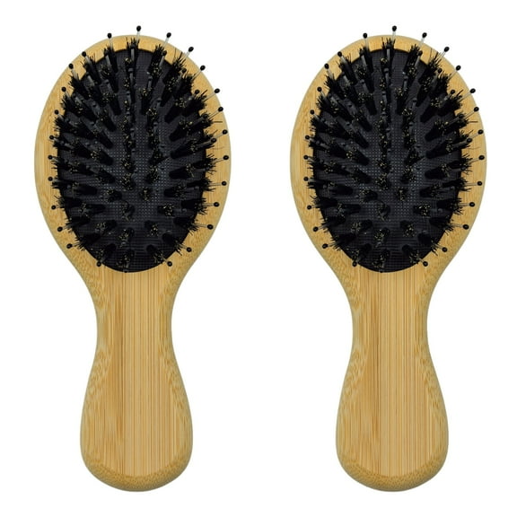 2 pack Mini Boar Bristle Hair Brushes – Travel Size Small Hair Brush for Detangling & Shine – Portable Wet & Dry Hairbrush for Men, Women & Kids