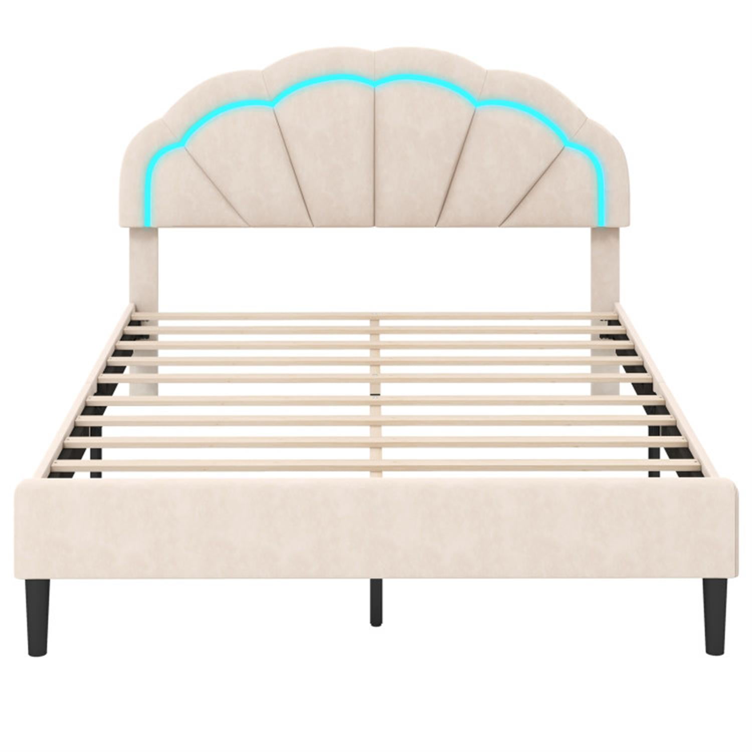 Demi Bonn Queen Size Upholstered LED Bed Frame with Adjustable Flower Headboard and Metal Support Feet, Platform Bed Frame with Wood Slats Support, No Box Spring Needed, Beige