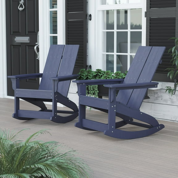 BizChair Modern Commercial Grade All-Weather 2-Slat Poly Resin Rocking Adirondack Chair with Rust Resistant Stainless Steel Hardware in Navy - Set of2