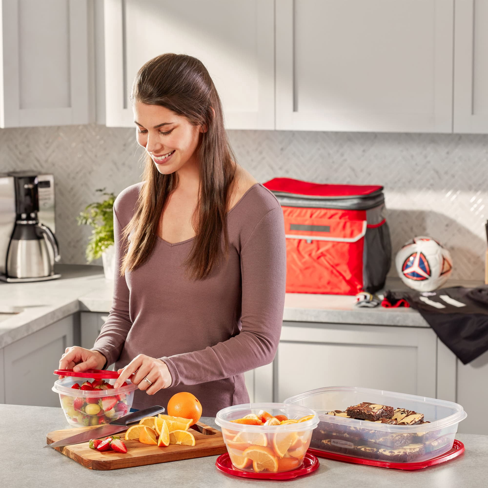 Rubbermaid TakeAlongs, 1 Gallon, 2 Packs, Red, Large Rectangular Plastic Food Storage Containers
