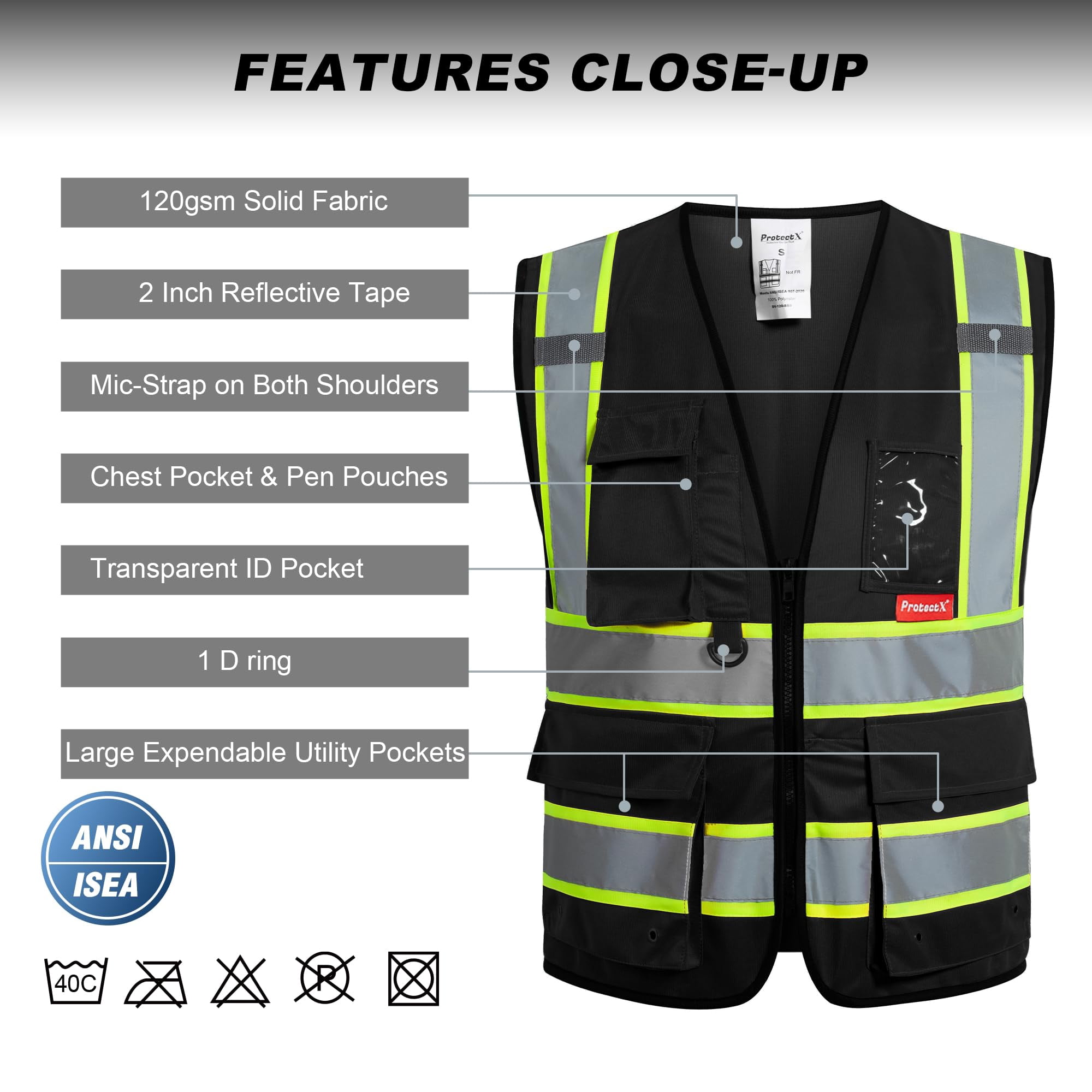 ProtectX Hi Vis Reflective Safety Vest for Men Women High Visibility Construction Work Vest with Pockets Zipper Class 2 Black 4X-Large