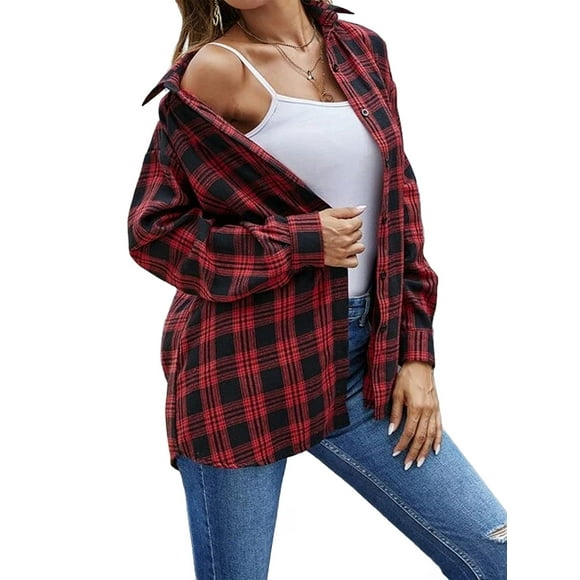 Womens Button Down Flannel Shirts Long Sleeve Plaid Shackets Business Casual Blouse Top Red XXL