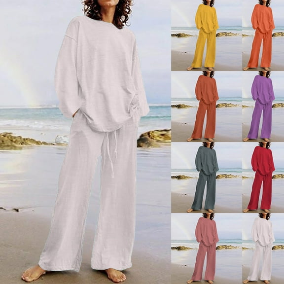 BiZtdJrK Women's Solid Cotton Linen Sets Lightweight Comfy Summer Beach 2 Piece Set Long Sleeve Tops and Pants Matching Casual Outfits with Pockets