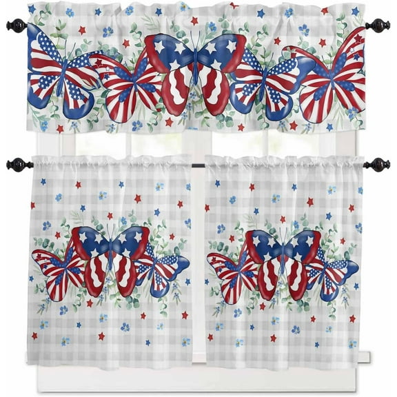 3-Piece Kitchen Curtains and Valances Set Patriotic 4th of July Rod Pocket Soft Kitchen Curtain Set Washable Kitchen Window Curtains Set Butterfly Star American USA Flag