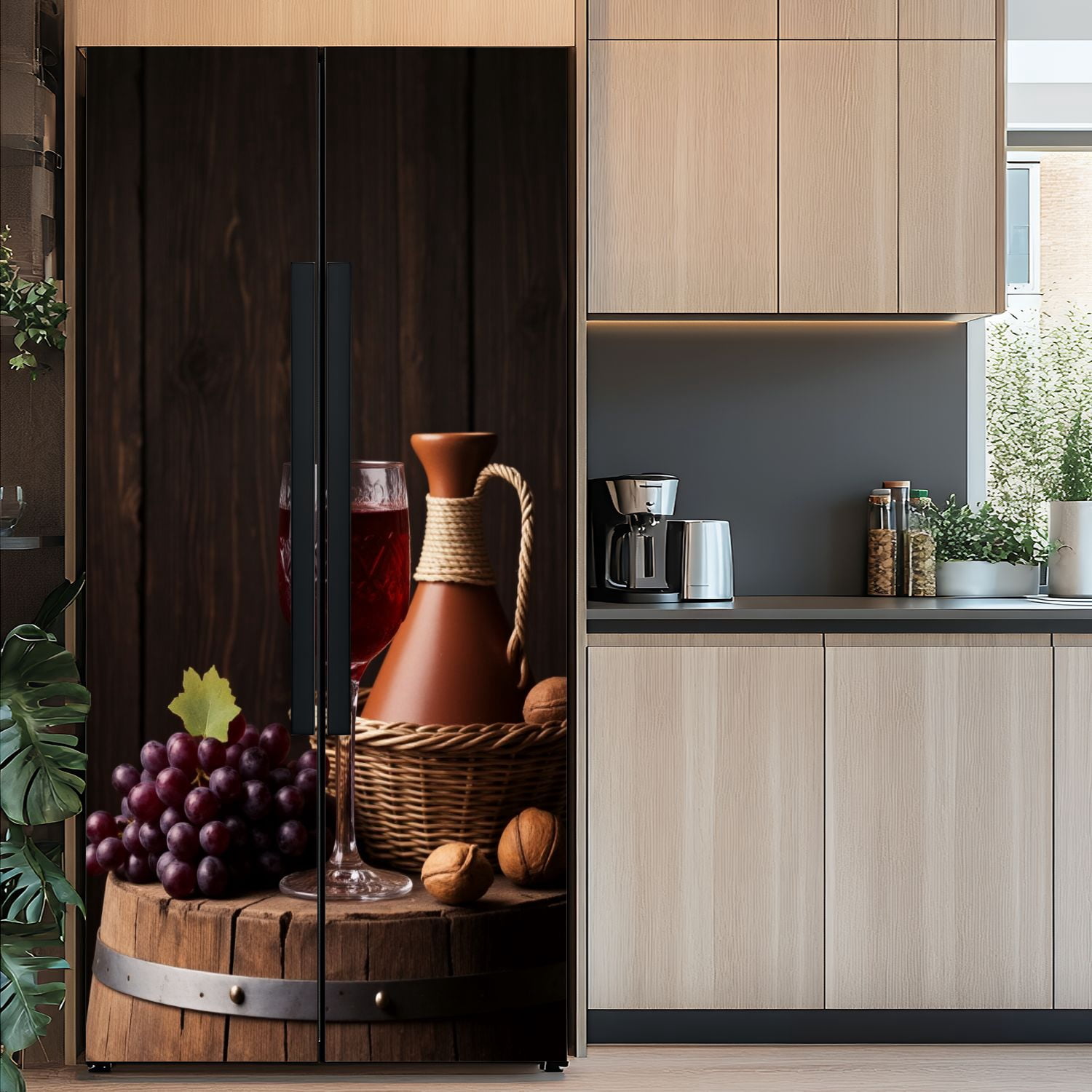Self Adhesive Vinyl Refrigerator Wrap Set Old red wine Traditional storage wine Door Mural Removable Fridge Sticker Peel and Stick&nbsp;Full Door Cover Decal Kitchen Bar Decor