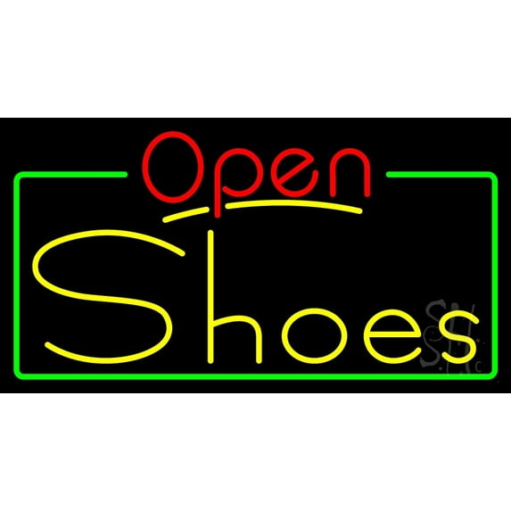 Yellow Shoes Open LED Neon Sign 20 x 37 - inches, Black Square Cut Acrylic Backing, with Dimmer - Bright and Premium built indoor LED Neon Sign for store interior Décor, Storefront.