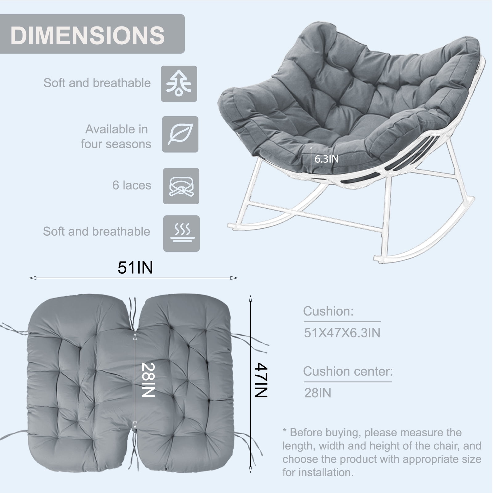 XXLYY Outdoor Rocking Chair Cushions – 6.3" Thick Waterproof Papasan Egg Chair Pad with Ties, Comfortable Round Seat Cushion for Living Room, Patio, Porch, or Balcony