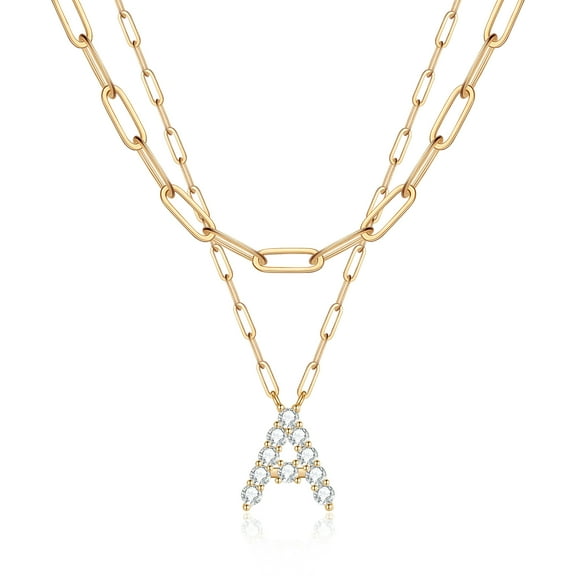 TINGN Layered Initial Necklace for Women Cubic Zirconia Paperclip Chain Necklace