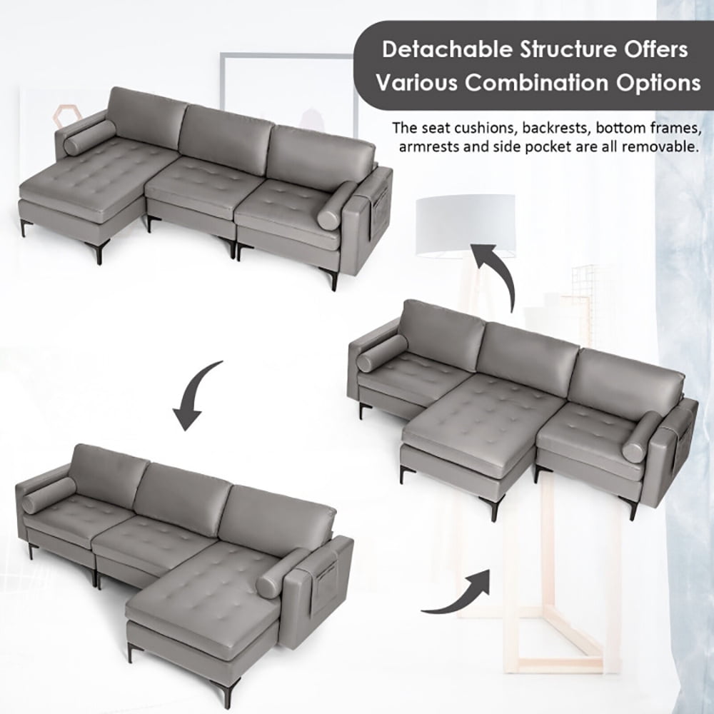 Finihen L-shaped Sectional Sofa Couch, Modular L-shaped 3-Seat Sectional Sofa with Reversible Chaise and 2 USB Ports, for Living Room, Light Gray Finihen L-shaped Sectional Sofa Couch, Modular L-shaped 3-Seat Sectional Sofa with Reversible Chaise and 2 USB Ports, for Living Room, Light Gray