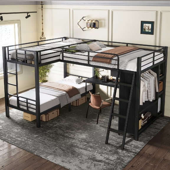 Twin XL over Twin XL Bunk Bed Frame with an Attached Full Loft Bed Frame and Wardrobe, L-shaped Heavy Duty Metal Triple Bunk Bed with Desk and Shelves for Bedroom,Mattress not included, Black
