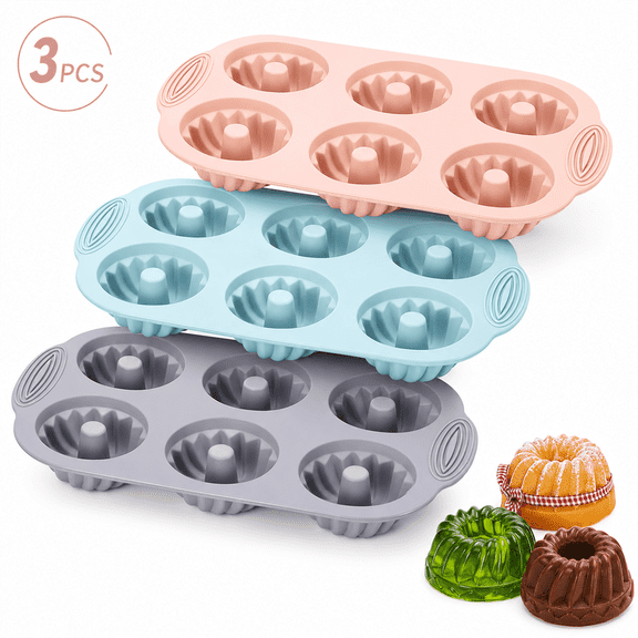 RYLZX 3pcs Jelly Molds Silicone Fluted Tube Cake Pans, 6 Cavity Heritage Cake Silicone Mold for Baking Non Stick Fancy Molds (Pink Blue Gray, Fluted Tube)