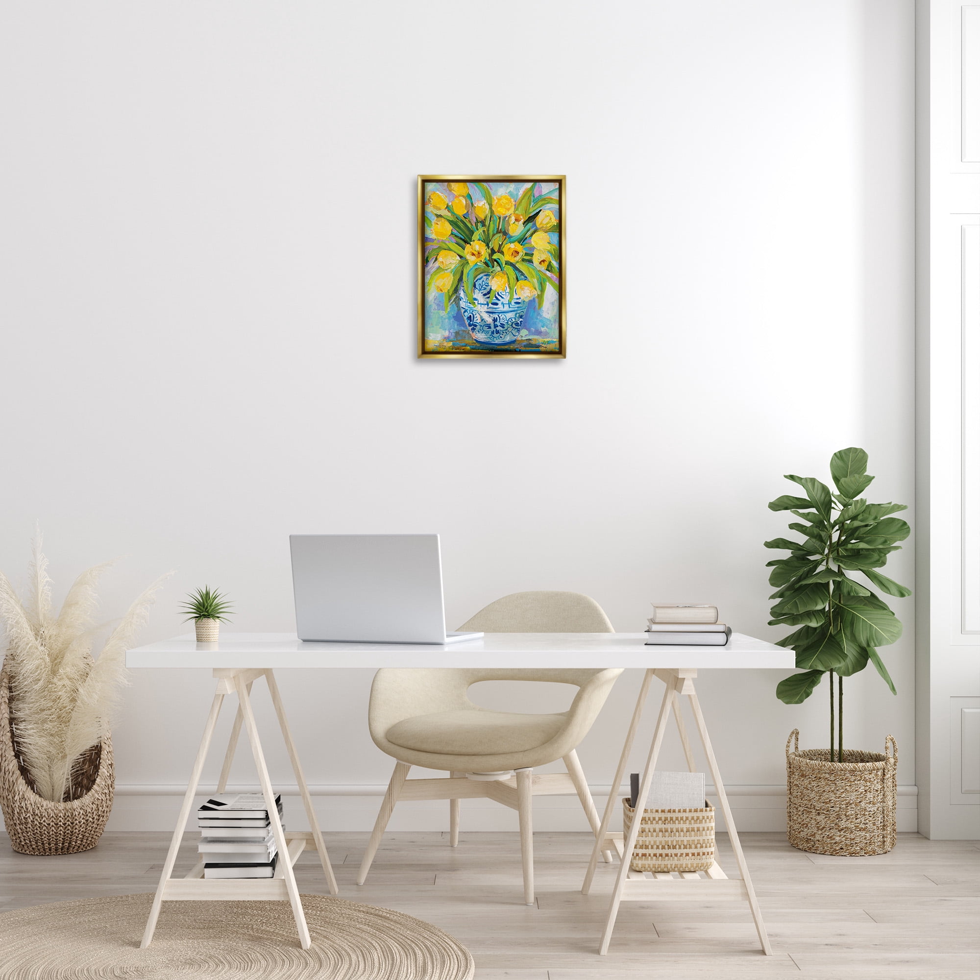 Stupell Industries Expressive Yellow Tulips in Vase Botanical & Floral Painting Gold Floater Framed Canvas Art Print Wall Art, 17 x 21
