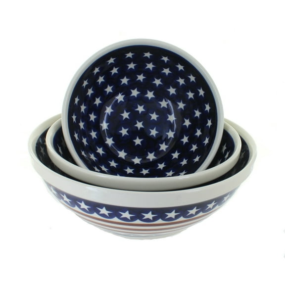 Blue Rose Polish Pottery Stars & Stripes 3 Piece Serving Bowl Set