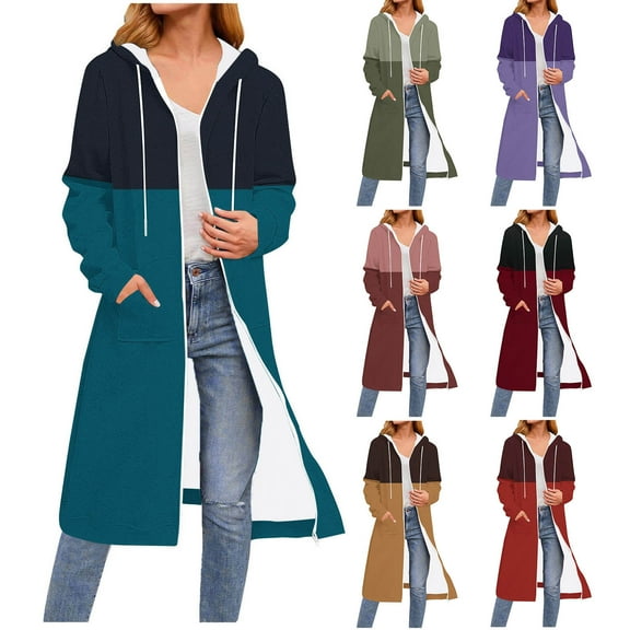 Olyvenn Women's Zip Up Hoodies Oversized Fleece Long Pullover Hooded Sweatshirts Color Block Casual Long Sleeve Fall Hoodie Jacket Coats Wine XXL