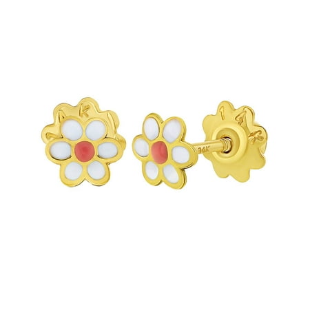 Enamel Flower Daisy - 14k Yellow Gold White Pink Enamel Daisy Flower Screw Back Baby Girls Earrings