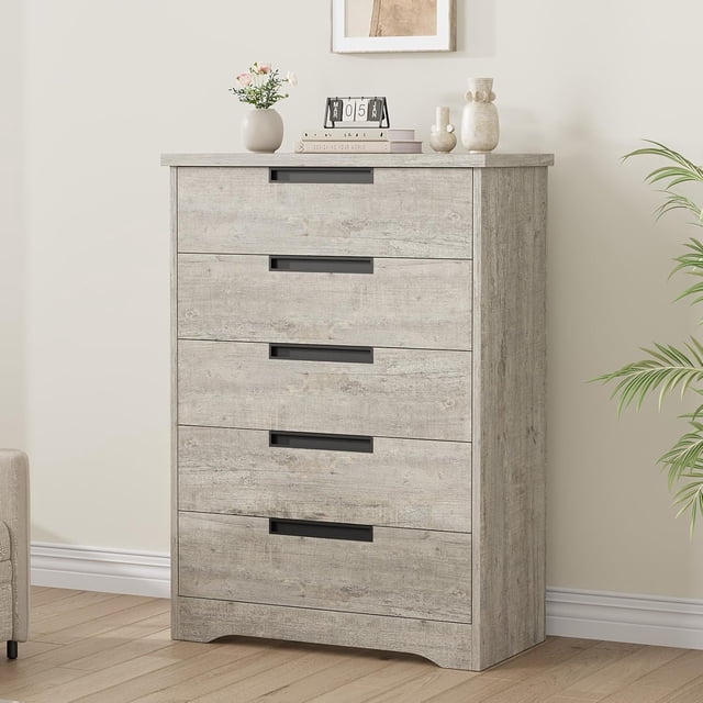 Cómoda Moderna de Madera con 5 Cajones, Cómoda con Tiradores Empotrados Integrados, Gabinete de Almacenamiento de Parte Superior Ancha con Anti-vuelco, para Recámara, Sala de Estar, Pasillo, Cuarto