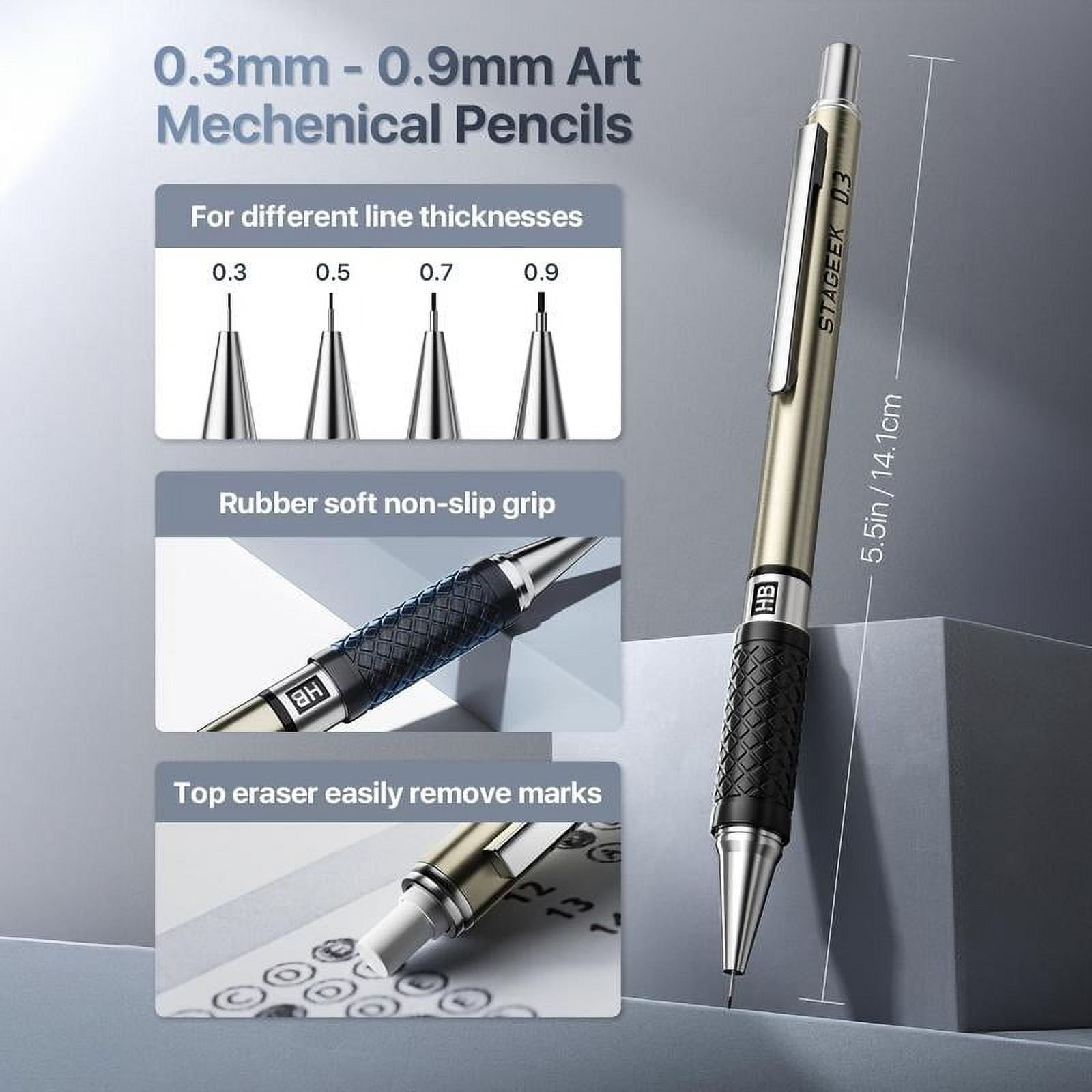 STAGEEK 37PCS Art Mechanical Pencil Set, Drafting Pencil 5 Sizes- 0.3, 0.5, 0.7, 0.9MM & 2PCS 2.0MM Mechanical Drawing Pencils with 492PCS Leads (6B 4B 2B HB 2H 4H Color) for Artist Sketching