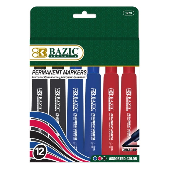 BAZIC Assorted Desk Style Chisel Permanent Markers, 12 Count Box