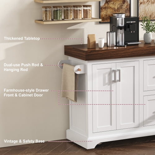 53" Large Kitchen Island with 3.5" Thick Desktop, Rolling Kitchen Cart with 5 Wheels, 2 Extra-Large Drawers & Cabinet, Spice Rack, Towel Rack, for Home, Kitchen, Dining Room, White
