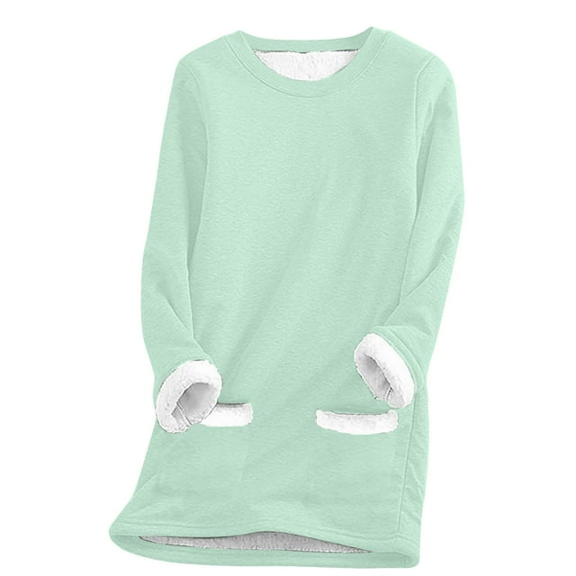 Chandail en Molleton à Manches Longues pour Femmes, Col Rond, Poche, Couleur Unie, avec Épais et Chaud, Haut d'Hiver
