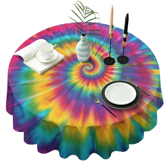Rainbow Tie Dye Mandala Pattern Round Tablecloth 60"x60",Wrinkle Wipeable Table Cloth for Kitchen Dining Room Picnic Patio Party