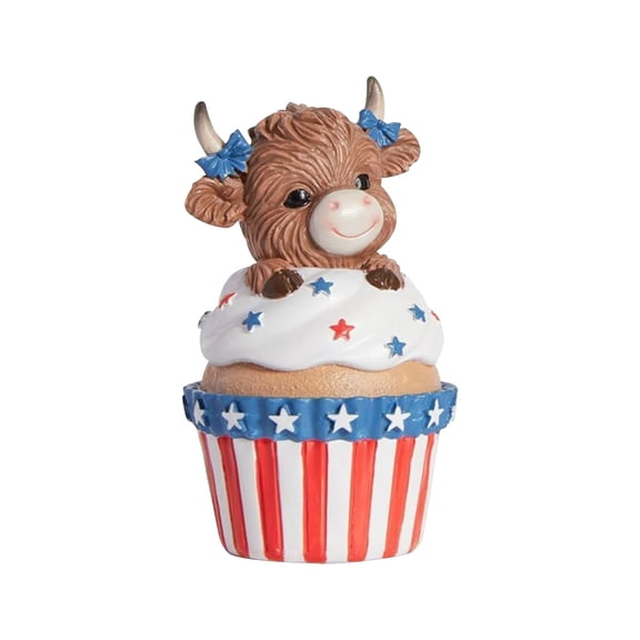 Win s Way Patriotic Highland Cow Figurine 4th of July Decorations Resin Statue Memorial Day Home Accents Desk Bookshelf Tiered Tray Tabletop Decor