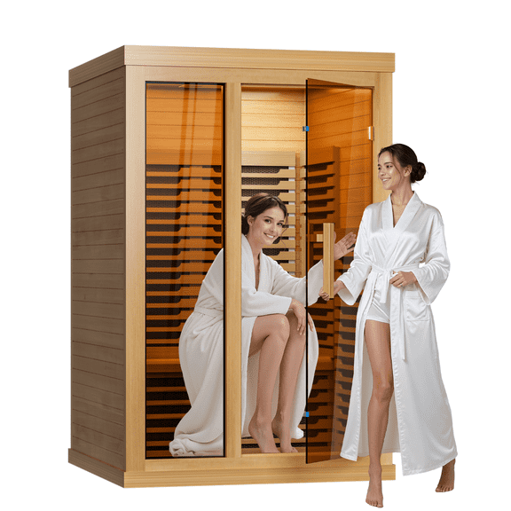 UrbanSync 2 Person Personal Sauna for Home Use, Full Spectrum Infrared Sauna, Low EMF, Dual Tempered Glass & Bluetooth Speakers - Indoor Sauna 2000W (Wood Tone)
