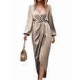 thumbnail image 2 of Womens Long Sleeve V-Neck Tie Waist Split Formal Cocktail Wedding Guest Dresses Champagne Color XL, 2 of 9