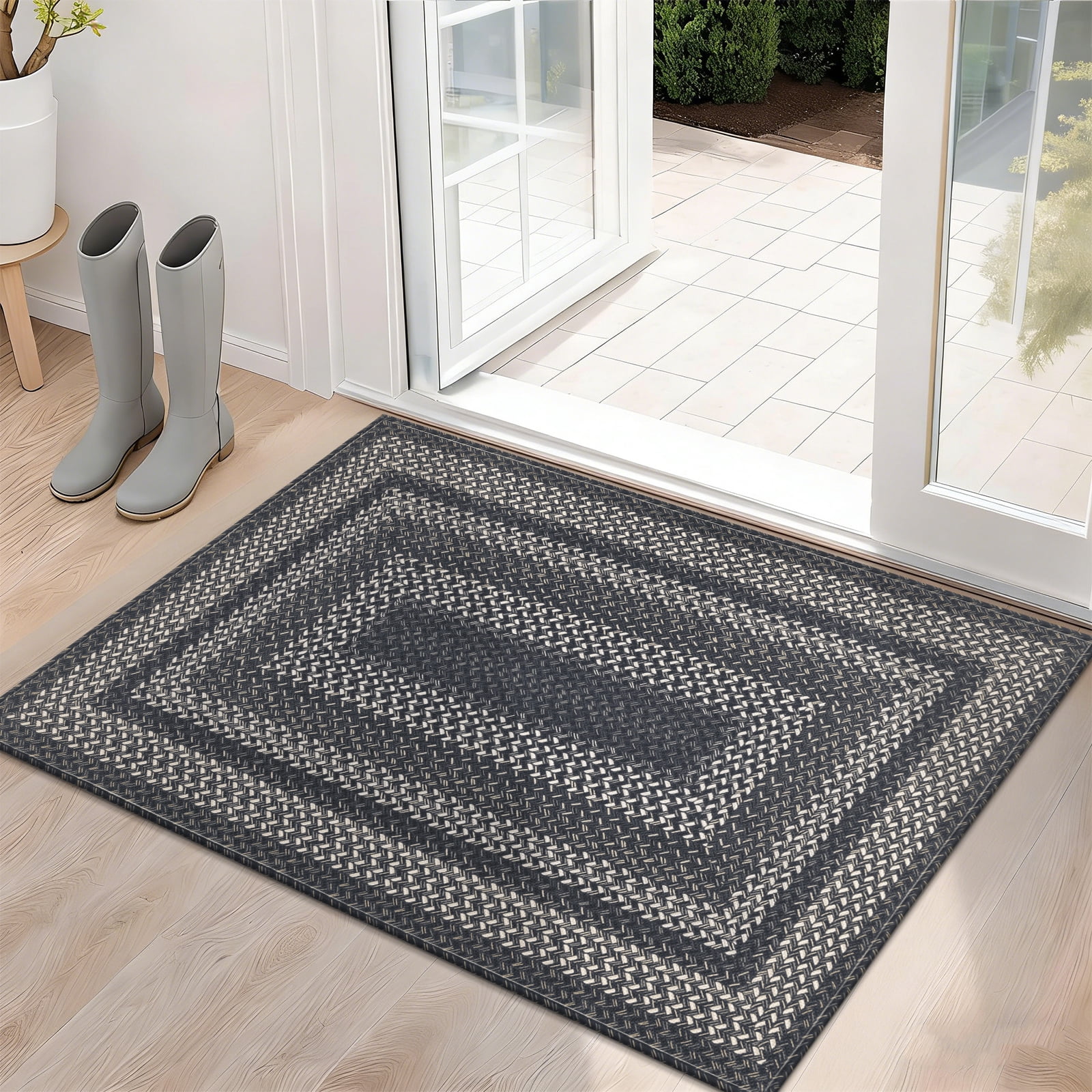 Enyhom Front Door Mat 32" x 48" Heavy Duty Durable Welcome Mat for Outdoor Indoor, Dirt Trapper Doormat ,Black Gray